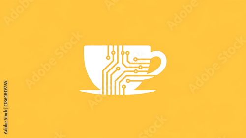 A white coffee cup silhouette filled with an electronic circuit design on a yellow background. The cup rests on a saucer. It symbolizes tech & beverage