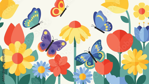 Colorful butterflies and flowers illustration with vibrant blooms and delicate insects in a garden scene with white background with blue