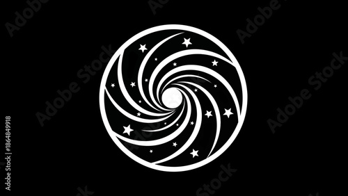 A white vortex design is set on a black field, with stylized curved lines and stars in the swirling pattern, reminiscent of space