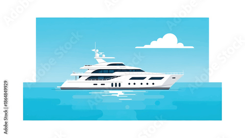 A white yacht sails on serene blue waters under a light blue sky with a single cloud.  The reflection of the boat is visible in the water