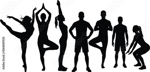 Black silhouette people performing yoga fitness poses, diverse men women stretching exercising, wellness balance strength flexibility training, healthy lifestyle concept isolated white background