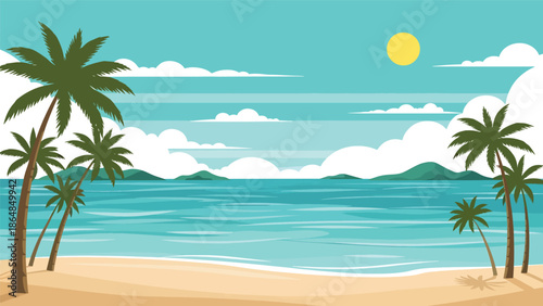 Tropical beach vector landscape wallpaper with palm trees, calm ocean, sandy shore, and distant islands, clean flat illustration ideal for travel wallpapers, summer backgrounds, and digital screens