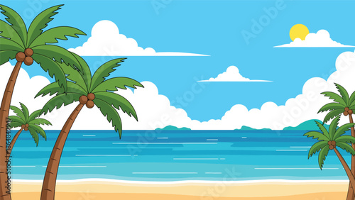 Tropical beach vector landscape wallpaper with palm trees, calm ocean, sandy shore, and distant islands, clean flat illustration ideal for travel wallpapers, summer backgrounds, and digital screens