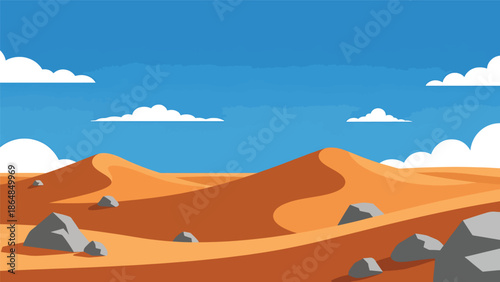 Minimal desert vector landscape wallpaper showing rolling sand dunes, open sky, and warm earth tones, flat illustration ideal for modern wallpapers, backgrounds, and minimalist travel designs