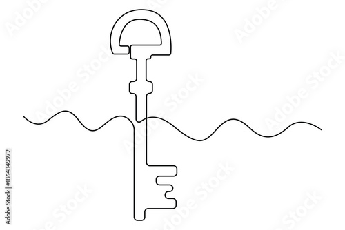 Continuous one line drawing of key for security and access concept
