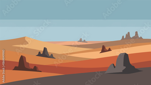 Minimal desert vector landscape wallpaper showing rolling sand dunes, open sky, and warm earth tones, flat illustration ideal for modern wallpapers, backgrounds, and minimalist travel designs