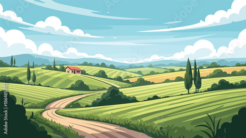 Peaceful countryside vector landscape wallpaper with green fields, winding road, hills, trees, and sky, modern flat style ideal for rural wallpapers and calm nature backgrounds