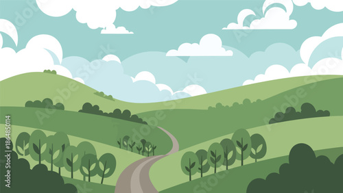 Peaceful countryside vector landscape wallpaper with green fields, winding road, hills, trees, and sky, modern flat style ideal for rural wallpapers and calm nature backgrounds