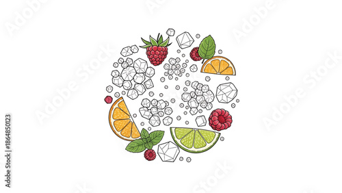 A vibrant illustration showcasing an arrangement of fruit slices, raspberries, ice cubes, and mint leaves, forming a circular pattern on a white background