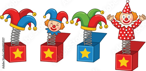 Colorful jack in the box clown toys, playful circus characters, spring pop up clowns, cartoon illustration set, fun kids toy design, isolated on white background