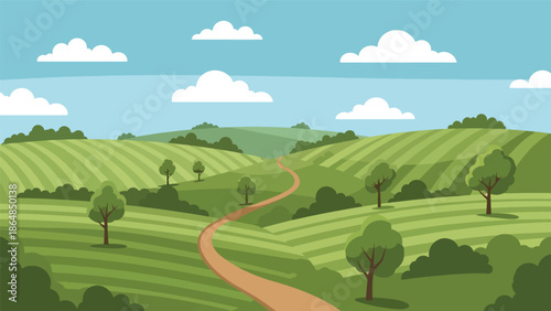 Peaceful countryside vector landscape wallpaper with green fields, winding road, hills, trees, and sky, modern flat style ideal for rural wallpapers and calm nature backgrounds