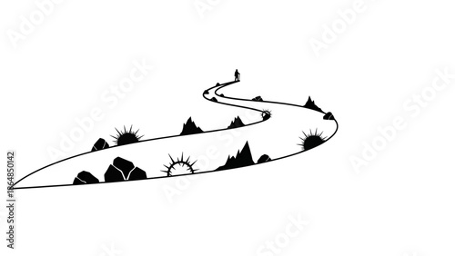 A winding path leads a lone figure towards a rising sun. Black silhouettes of mountains and rocks decorate the landscape