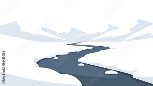 A winding river flows through a snowy landscape with distant, abstracted mountains under a vast white sky, creating a wintry scene