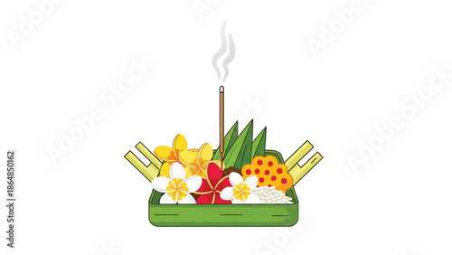 A vibrant illustration showcasing an offering basket filled with flowers, leaves, and other elements, accompanied by incense smoke. The colors are bright