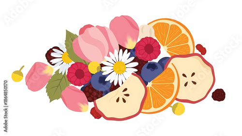 A vibrant illustration showcasing an assortment of colorful fruits and flowers, meticulously arranged with detailed textures and light