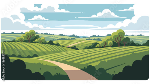 Peaceful countryside vector landscape wallpaper with green fields, winding road, hills, trees, and sky, modern flat style ideal for rural wallpapers and calm nature backgrounds