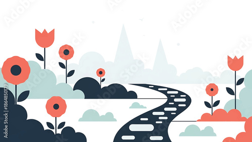 A winding road leads through a stylized landscape. The scene features stylized flowers and clouds under a bright sky with mountains in the distance