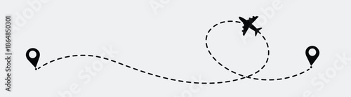 Airplane line path vector icon set of air plane flight route with start point and dash line trace. Various aircraft and destination location pins icons. Airplane line path route travel vector.