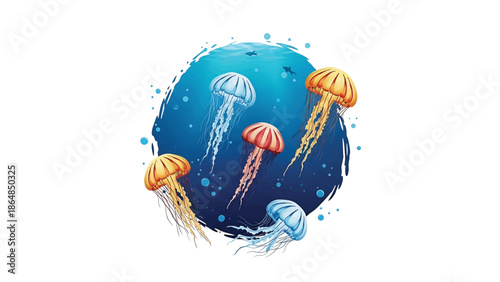 A vibrant illustration showcasing five jellyfish with various colors, gracefully swimming in deep blue ocean water, surrounded by bubbles