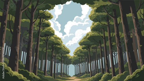 Calm forest vector landscape wallpaper with tall trees, winding path, layered foliage, and open sky, flat illustration ideal for nature wallpapers, meditation backgrounds, and screens