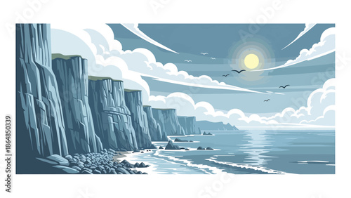 Dramatic coastal cliffs vector landscape wallpaper overlooking ocean and rocky shore, wide flat illustration perfect for travel wallpapers, seaside backgrounds, and modern nature designs