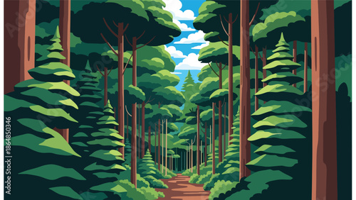 Calm forest vector landscape wallpaper with tall trees, winding path, layered foliage, and open sky, flat illustration ideal for nature wallpapers, meditation backgrounds, and screens