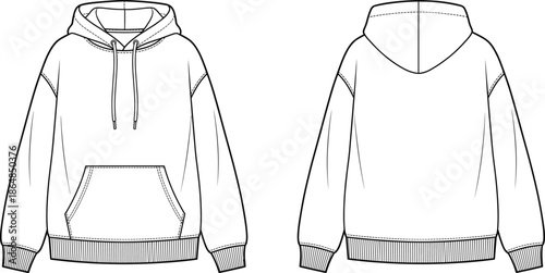 Front and back hoodie technical drawing, vector apparel template, pullover sweatshirt outline, fashion design flat sketch, unisex hooded jacket illustration, isolated white background