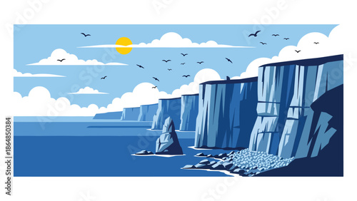 Dramatic coastal cliffs vector landscape wallpaper overlooking ocean and rocky shore, wide flat illustration perfect for travel wallpapers, seaside backgrounds, and modern nature designs