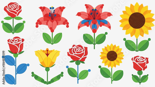 Colorful illustration of various flowers including roses, lilies and sunflowers on white background for decoration and design with red
