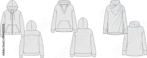Hoodie technical fashion sketch set, front back views, sweatshirt design illustration, apparel flat drawing, modern streetwear garment outline, clothing template vector style