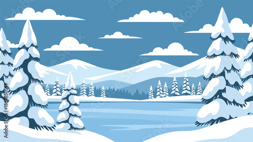 Winter mountain vector landscape wallpaper featuring snow-covered trees, frozen lake, and pale sky, minimal flat illustration ideal for seasonal wallpapers and cold climate backgrounds