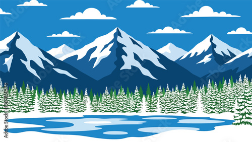 Winter mountain vector landscape wallpaper featuring snow-covered trees, frozen lake, and pale sky, minimal flat illustration ideal for seasonal wallpapers and cold climate backgrounds