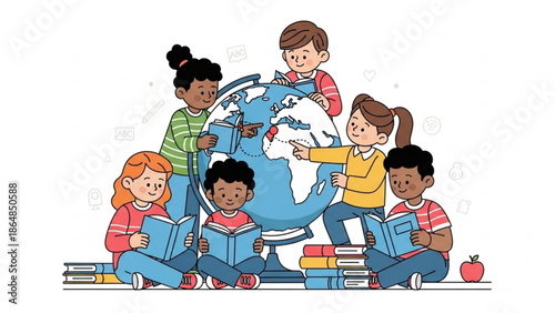 Diverse Children Learning Together around Globe Page Page Page