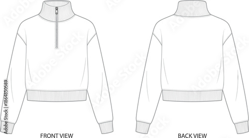 I’ve optimized everything for Adobe Stock SEO based on the image (technical fashion flat sketch of a long sleeve pullover/sweater, front and back view).