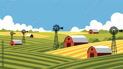 Agricultural vector landscape wallpaper with rolling farmland, barns, windmills, and sky, modern flat illustration ideal for rural wallpapers, agriculture themes, and calm backgrounds