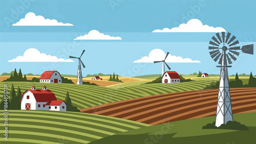 Agricultural vector landscape wallpaper with rolling farmland, barns, windmills, and sky, modern flat illustration ideal for rural wallpapers, agriculture themes, and calm backgrounds