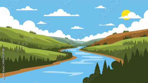 Scenic river valley vector landscape wallpaper with meandering river, hills, forests, and open sky, flat design perfect for travel wallpapers and nature screen backgrounds