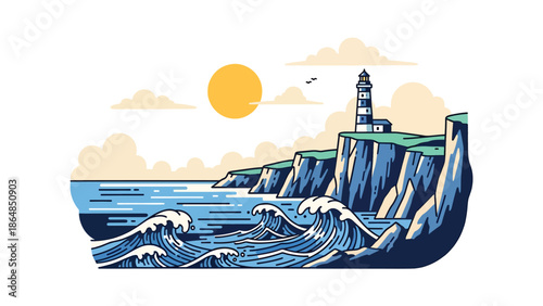 Island coastline vector landscape wallpaper with lighthouse, cliffs, ocean waves, and clouds, modern flat illustration ideal for nautical wallpapers and travel backgrounds