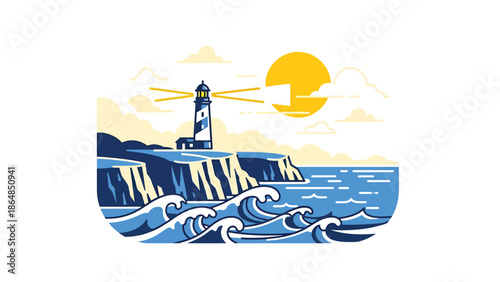 Island coastline vector landscape wallpaper with lighthouse, cliffs, ocean waves, and clouds, modern flat illustration ideal for nautical wallpapers and travel backgrounds