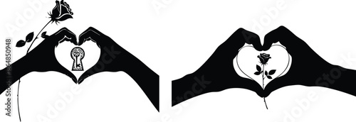 Romantic Heart Hands Silhouette with Keyhole and Rose Vector