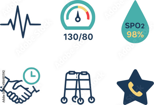 Professional medical dashboard vitals icons. Flat vector set featuring heart rate, blood pressure, and oxygen saturation symbols. High-quality teal and navy graphics isolated on white background.