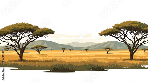 Wide savanna vector landscape wallpaper with grasslands, acacia trees, and distant mountains, flat illustration ideal for wildlife-inspired backgrounds and travel wallpapers