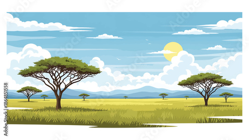 Wide savanna vector landscape wallpaper with grasslands, acacia trees, and distant mountains, flat illustration ideal for wildlife-inspired backgrounds and travel wallpapers