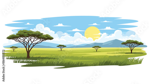 Wide savanna vector landscape wallpaper with grasslands, acacia trees, and distant mountains, flat illustration ideal for wildlife-inspired backgrounds and travel wallpapers