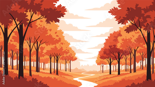 Autumn forest vector landscape wallpaper with orange and red trees, winding path, and cloudy sky, flat illustration ideal for seasonal wallpapers and cozy nature backgrounds