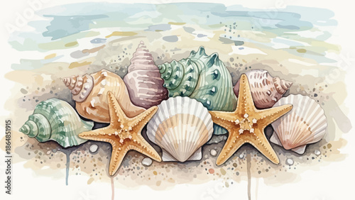 A serene beach scene featuring a collection of seashells and starfish on sandy shore with ocean waves in the background, evoking