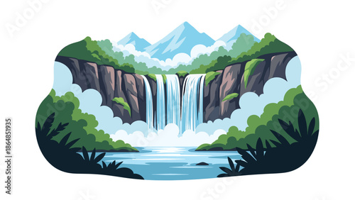 Scenic waterfall vector landscape wallpaper cascading from mountains into river, lush vegetation and open sky, flat illustration perfect for nature wallpapers and calming backgrounds