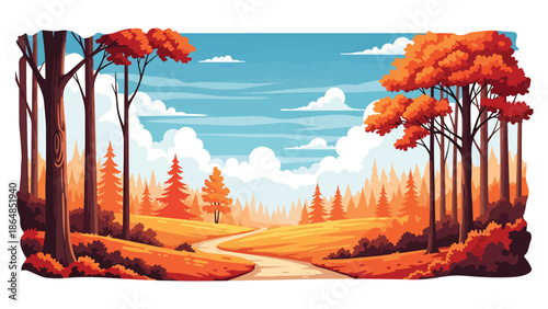 Autumn forest vector landscape wallpaper with orange and red trees, winding path, and cloudy sky, flat illustration ideal for seasonal wallpapers and cozy nature backgrounds