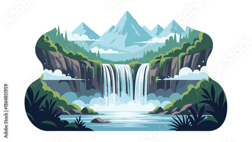 Scenic waterfall vector landscape wallpaper cascading from mountains into river, lush vegetation and open sky, flat illustration perfect for nature wallpapers and calming backgrounds