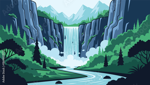 Scenic waterfall vector landscape wallpaper cascading from mountains into river, lush vegetation and open sky, flat illustration perfect for nature wallpapers and calming backgrounds